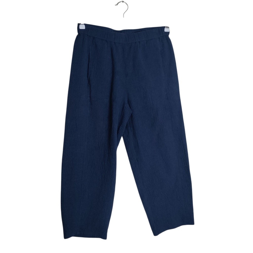 Eileen Fisher Navy Blue Organic Cotton Textured Elastic Waist Tapered Pants S